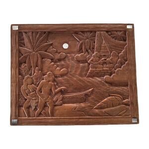 Vintage Hand Carved Wooden Figural Plaque Naked Men Women Mother Pearl Moon Art